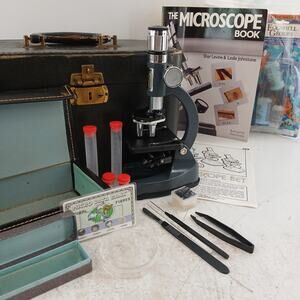 Vintage EDU-TOYS Microscope Set w/ Case Tools & Book Science Kit Educational Toy
